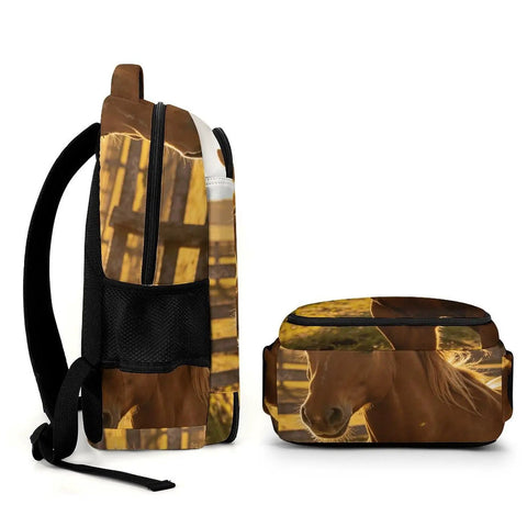 Side view of Red Barn Pasture Horse Print Backpack For Everyday Use Unisex Large Capacity Daypack With Durable Zippers