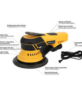 Kickin Up Dust Free Surfaces With This Beefy Electric Random Orbital Sander That Features Shop Vac Hookup Plug In Cord And Sharp Ceramic Discs For Tight Woodworking Jobs, yellow and black sander with power cord.