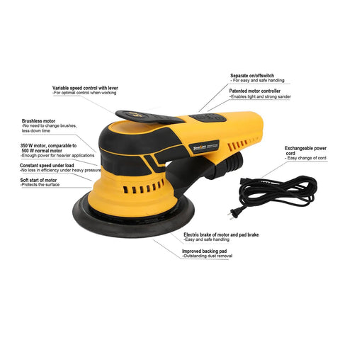 Kickin Up Dust Free Surfaces With This Beefy Electric Random Orbital Sander That Features Shop Vac Hookup Plug In Cord And Sharp Ceramic Discs For Tight Woodworking Jobs, yellow and black sander with power cord.