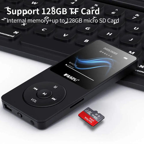 Dope 32GB MP3 Player With Bluetooth 5.3 next to a keyboard, showcasing micro SD expansion up to 128GB.