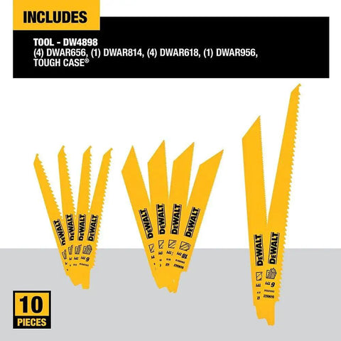 Bi Metal Reciprocating Saw Blades Kit, 10 Piece Set, 6 to 9 Inch, yellow blades displayed with product details