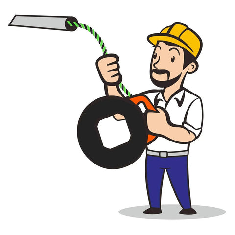 Cartoon worker holding Heavy Duty Polyester Fish Tape 100 Ft 6mm with red winding case and changeable leader tip.