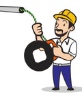Illustration of cartoon worker with Heavy Duty Polyester Fish Tape 50/75/100 Ft 6mm Wire Puller For Conduit With Changeable Leader Tip