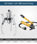 Heavy Duty Split Hydraulic Puller Set Featuring Two And Three Claw Jaws For Machinery Repair Shop Grade Ripper, 15T puller with CP-180 hand pump