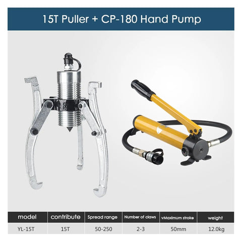 Heavy Duty Split Hydraulic Puller Set Featuring Two And Three Claw Jaws For Machinery Repair Shop Grade Ripper, 15T puller with CP-180 hand pump