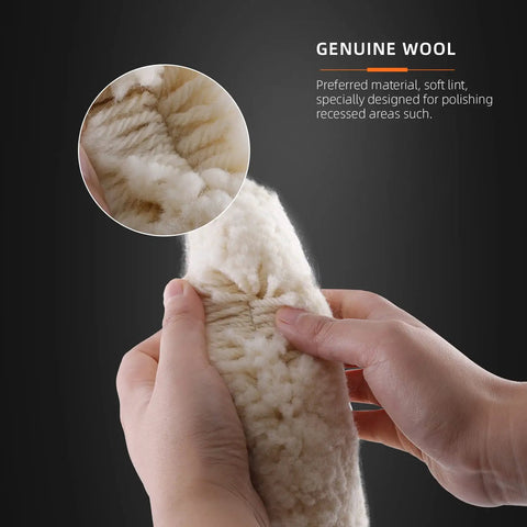 Hands holding 8 Inch Dual-Sided Wool Buffing Pad 100 Percent Natural Wool With 5/8-11 Thread, showing texture and quality.