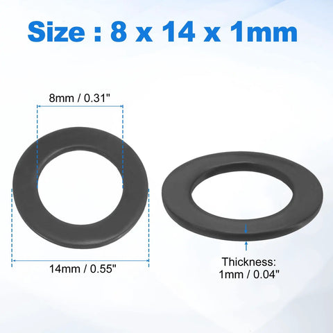 75 Pieces M8 Flat Washers 304 Stainless Steel Black Finish Inner Diameter 8mm Outer Diameter 14mm Thickness 1mm Round Metal Washers For Screws And Bolts Outdoor Construction Rust And Corrosion Resistant shown with size dimensions