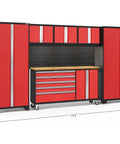 Red Bold Six Piece Garage Cabinet Storage Setup Built Tough With 24 Gauge Steel Welded Frames Beefy 800 Lbs Capacity Heavy Duty Bamboo Worktop Adjustable Shelves Backsplash Kit For Your Dream Shop Rig, showcasing a full view of six-piece cabinet with bamboo worktop.