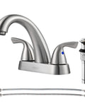 Two Handle Deck Mounted Bathroom Sink Faucet With Brushed Nickel Finish, Includes Lead Free Drain Assembly And Supply Hoses