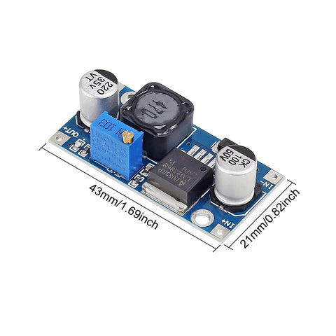 Side view of Five Pack Adjustable Buck Converter Module 3 To 40V In, 1.5 To 35V Out DC-DC Step Down Power Supply with blue potentiometer