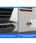 Close-up of Heavy Duty Portable Evaporative Air Cooler With Three Speed Settings And Built In Water Tank for garage, showing front water supply and side replenishment ports.