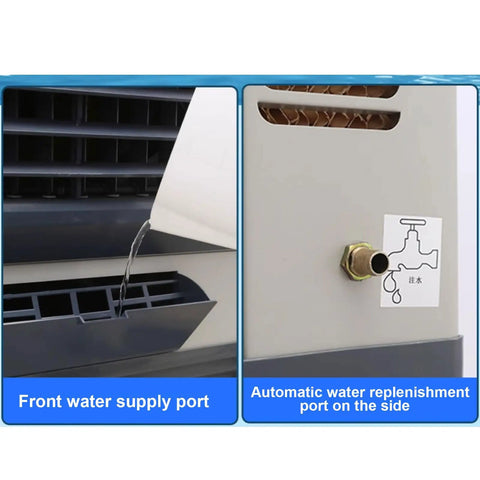 Close-up of Heavy Duty Portable Evaporative Air Cooler With Three Speed Settings And Built In Water Tank for garage, showing front water supply and side replenishment ports.