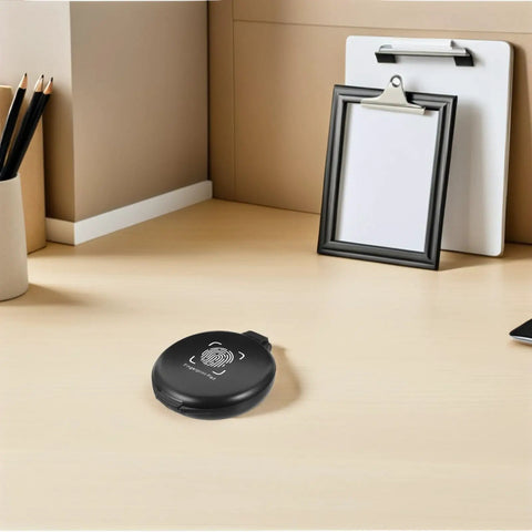 Quick Dry Fingerprint Ink Pad Mini Stamp Pads Two Pack Blue Mess Free Reusable Thumb Mark on a desk with office supplies.
