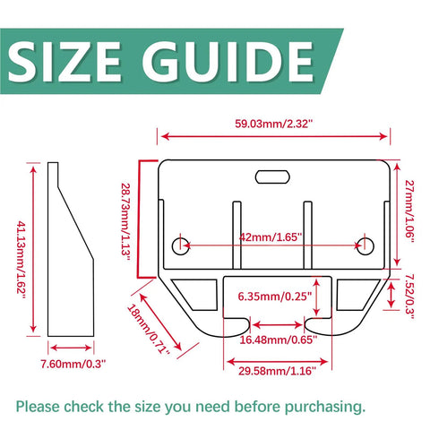 Dimensions guide for 10 Pieces White Plastic Drawer Guides Rear Drawer Replacement Brackets With Screws, 59x41x16.5mm