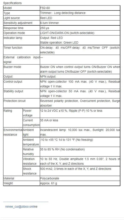 Specifications table for Keyence FS2-60 Fiber Optic Amplifier Sensor Pro-Grade Long-Distance Detection, Red LED, 8-Turn Sensitivity Trim
