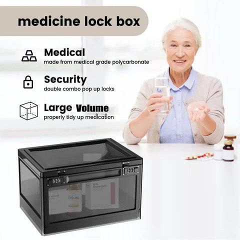 Massive 24 Liter Lockable Storage Box For Meds And Personal Items With 3 Combo Lock Stackable Safe Box with elderly woman holding meds