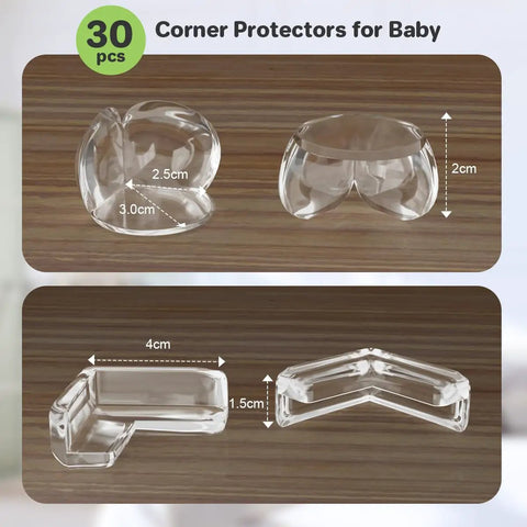 Clear PVC corner protectors in round and L shape designs, 30 pcs, 2.5cm and 4cm sizes for kid safe living spaces.