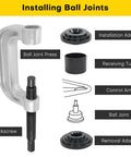 Acymner ball joint press kit with jack screw and removal/installation adapters for automotive ball joints
