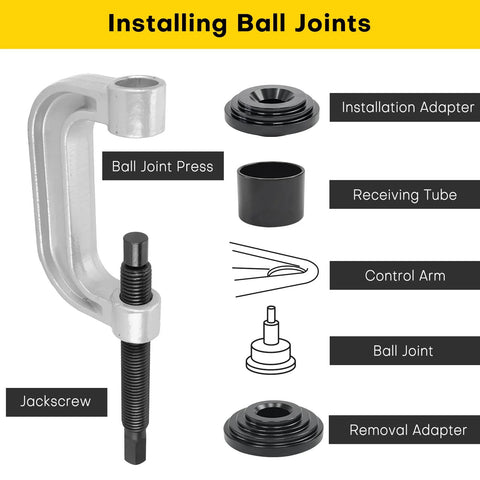 Acymner ball joint press kit with jack screw and removal/installation adapters for automotive ball joints