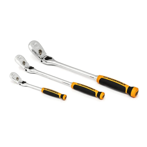 Workhorse Three Piece Inch Drive Ratchet Set With One Quarter Inch, Three Eighths Inch And One Half Inch Drives, 90 Tooth Dual Material Locking Flex Head, Low Profile Teardrop Head, On And Off Switch, Nine Locked Positions.