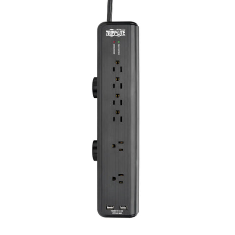 6-Outlet Surge Protector Power Strip With Desk Clamp Mount 6 Ft Cord 2100 Joules Protection Dual USB Charging 40000 Insurance Coverage Black
