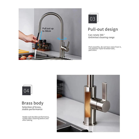 360° Swivel Stainless Steel Kitchen Faucet PullDown Sink Mixer Tap Polished Chrome Kitchen Tap features pull-out design and brass body.