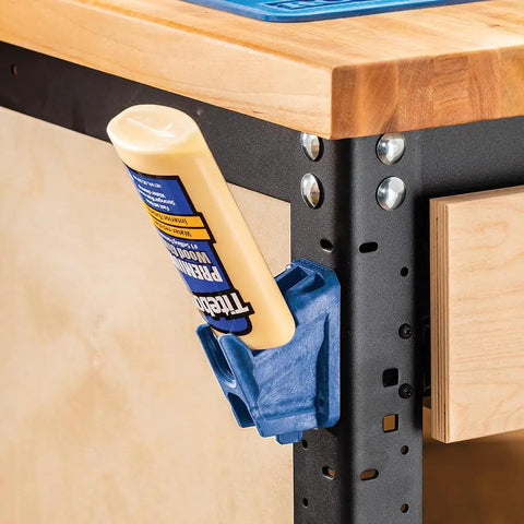 Upside Down Glue Bottle Dock Station With One Handed Access For 4oz 8oz And 16oz Bottles, Built In Opener on workbench corner