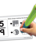 Power Pen Learning Cards Fractions Set With 106 Problems Per Box And 53 Double Sided Cards To Boost Math Practice Use With Power Pen Or Power Pen Lite being used to match fractions with shapes.