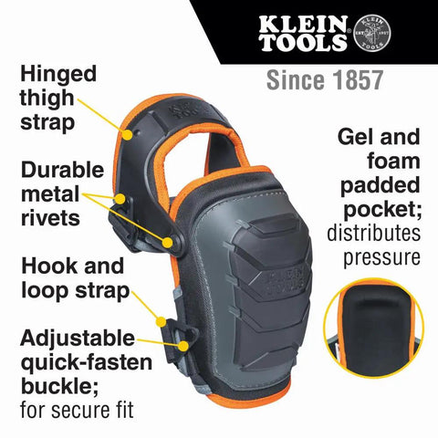 Heavy Duty Hinged Knee Pads With Gel Foam Cushioning For All Day Comfort And Stability, large black pad, orange trim.