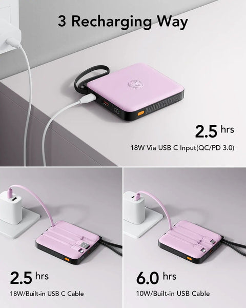 Keep Your Gadgets Juiced 10000mAh Power Bank With Four Built In Cables fast charging from wall outlet, pink color, three recharging methods.