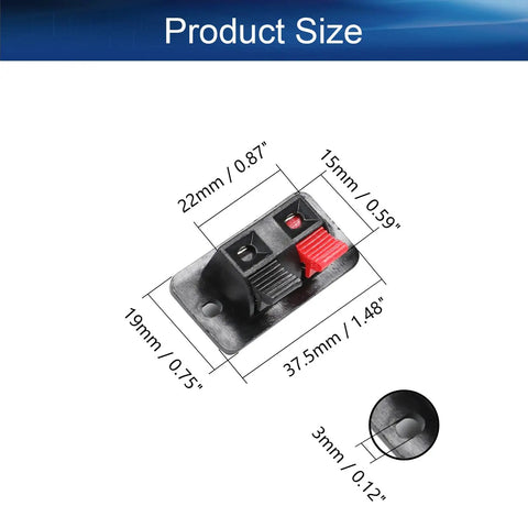 8-Piece 2-Way Speaker Terminal Block With Spring Push Release Connector dimensions and close-up view displayed.
