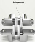 Close-up of stainless steel 2 Pack Hidden Door Hinges Set 180 Degree Invisible Cross Hinges For Kitchen Cabinets Zinc Alloy Concealed Cabinet Hinges.