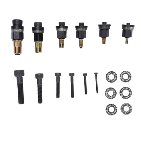 Rivet Nut Tool Kit With M3 To M10 Nutserts And Anti Loss Adapters, view of bolts, washers, and drill adapters for metal and sheet metal.