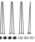 34 Inch Hairpin Table Legs One Half Inch Diameter 3 Rods Steel Satin Black Powder Coated Heavy Duty 600 Lb Capacity Built Like A Tank with Rubber Floor Protectors For Nightstand Coffee Table Dresser DIY Home Projects Four Pieces, shown with screws and protectors
