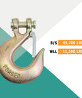 Heavy Duty Half Inch Grade 70 Forged Clevis Slip Hook With Secure Safety Latch For Trailer Towing And Chain Rigging Two Piece Pack, showing breaking and working load limits.
