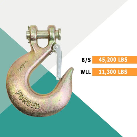 Heavy Duty Half Inch Grade 70 Forged Clevis Slip Hook With Secure Safety Latch For Trailer Towing And Chain Rigging Two Piece Pack, showing breaking and working load limits.