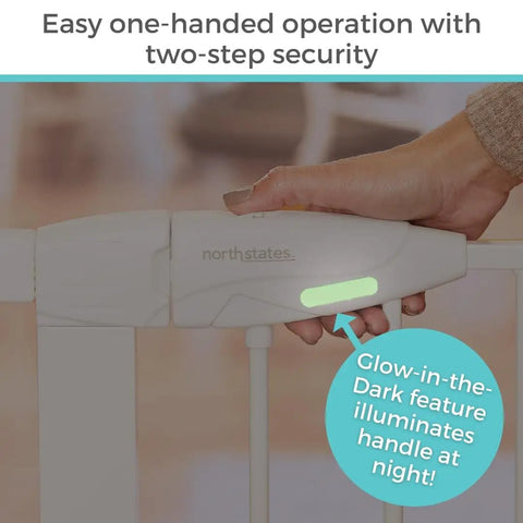 Close-up of glow-in-the-dark handle on 36 Inch Tall Auto Close Baby Gate With Door For Doorways Pressure Mounted Fits 29.75 To 40.5 Inch Openings White Swing Gate That Opens In Either Direction Easy One Hand Operation Kid Safe And Secure
