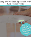 Bright Choice Auto Close Kiddo Safe Baby Gate With Glow In The Dark Handle showing easy one-handed operation and illuminated handle