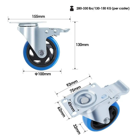 Four Inch Heavy Duty Swivel Caster Wheels With Dead Lock Brakes And Silent Non Marking Polyurethane Tires dimensions and features