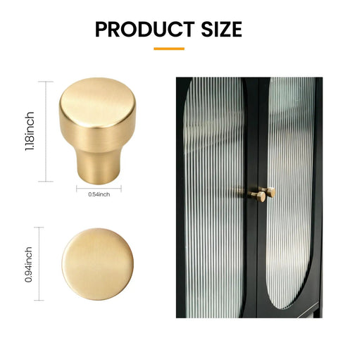 Brushed Gold Round Cabinet Knobs Set Of 10 Zinc Alloy Single Hole Drawer Pulls shown on cabinet with size dimensions