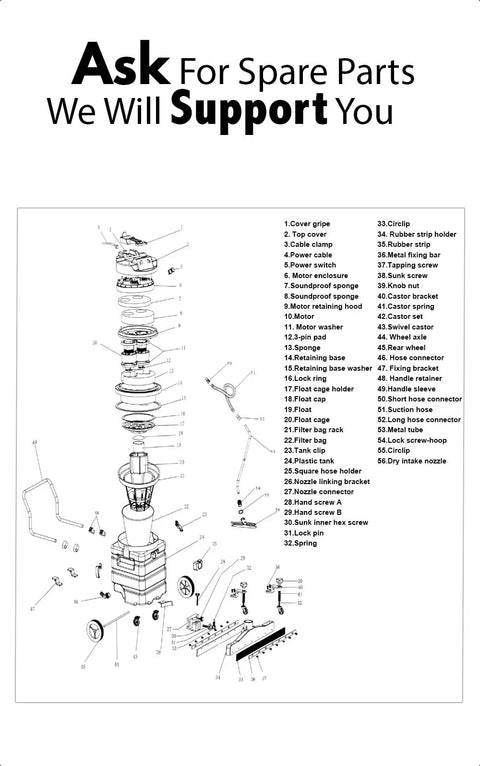 Heavy Duty Industrial Wet Dry Vacuum Two Motor Design With Front Squeegee parts diagram including labels and components for repairs.