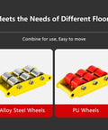 Heavy Equipment Moving Skate Dolly With 360 Degree Non Slip Swivel Tray and Hardened Steel Rollers, two wheel types shown for varying floors.