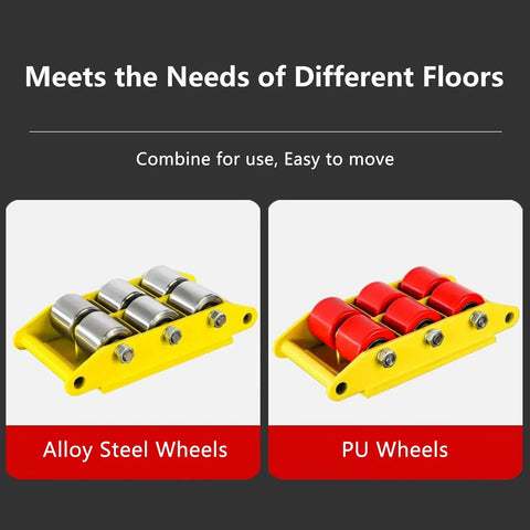 Heavy Equipment Moving Skate Dolly With 360 Degree Non Slip Swivel Tray and Hardened Steel Rollers, two wheel types shown for varying floors.