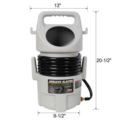 Heavy Duty Handheld Sandblasting Gun Kit With Portable Hopper, 20.5 inch tall abrasive blaster with hose, ideal for DIY projects.