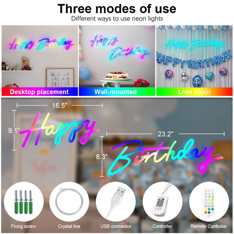 Extra Large Neon Happy Birthday Sign With Multi Color LED Lights Light Up Backdrop For Parties with app control options shown