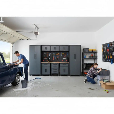 9-Piece Garage Storage Cabinet System With Corner Cabinet, Workbench, Pegboard And Roller Drawers For Tool Organization In Black And Gray setup