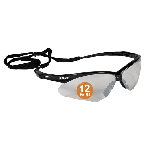 Nemesis Indoor Outdoor Safety Glasses With Black Frame, V30 Lenses For All Day Work, Sun Shield Glasses, strap and 12 pairs label