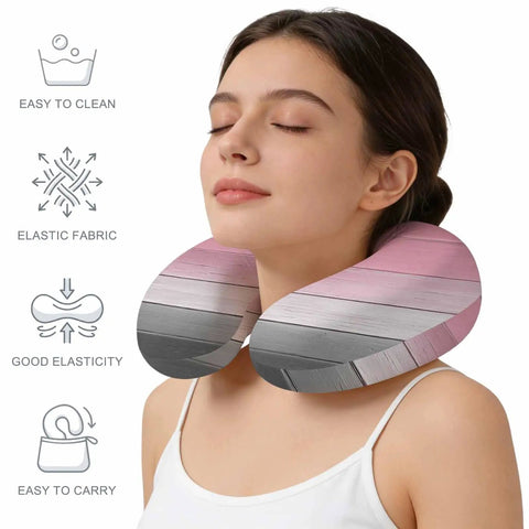 Person using U Shaped Memory Foam Travel Neck Pillow With Pink Wood Grain Finish for airplane, car, office, and home use