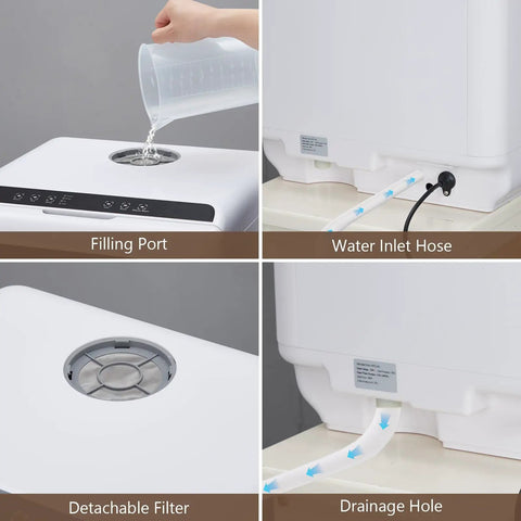 Lightweight Portable Countertop Dishwasher With Dual Water Modes And Five Custom Cycles Sleek Glass Viewer Zero Hookup Hassle showing filling port and water inlet hose.