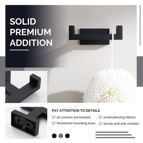 Double Towel Hook Matte Black Stainless Steel Bathroom Towel Holder Wall Mount For Towels Robes Coats And Bags SUS304